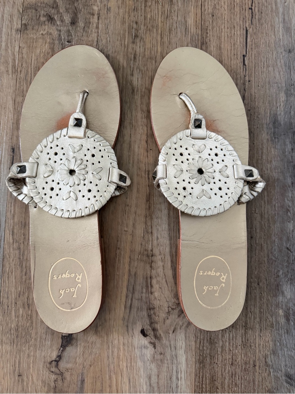 Jack Rogers Metallic Champagne Leather Thong Sandals